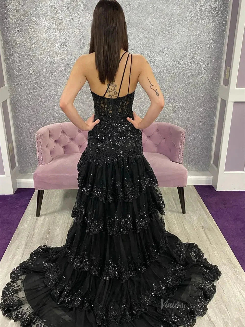 Sparkly Lavender Lace Ruffle Prom Dresses with Slit,One Shoulder Ball Gown FD3637