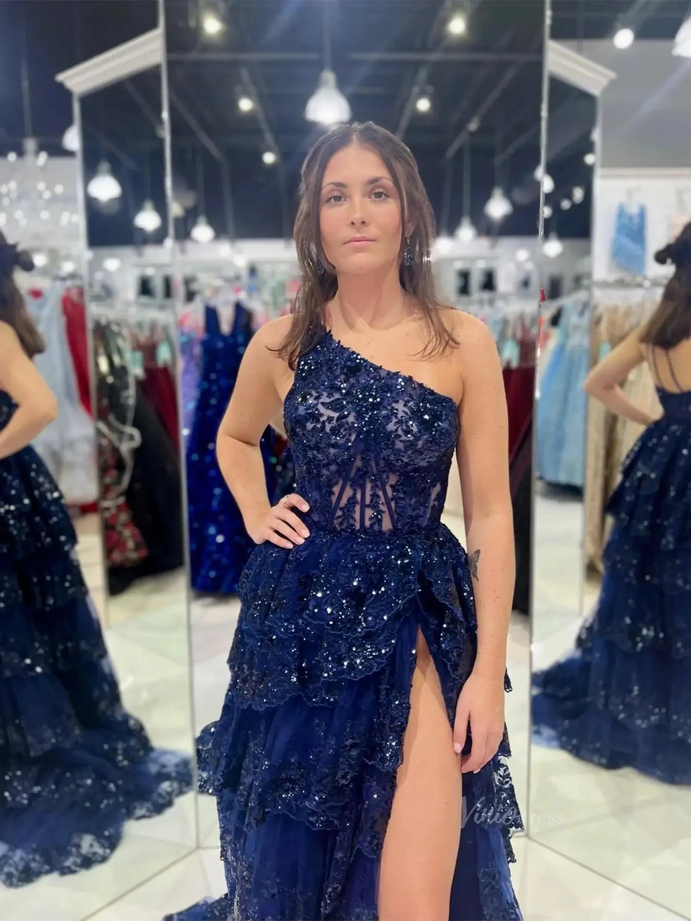 Sparkly Lavender Lace Ruffle Prom Dresses with Slit,One Shoulder Ball Gown FD3637