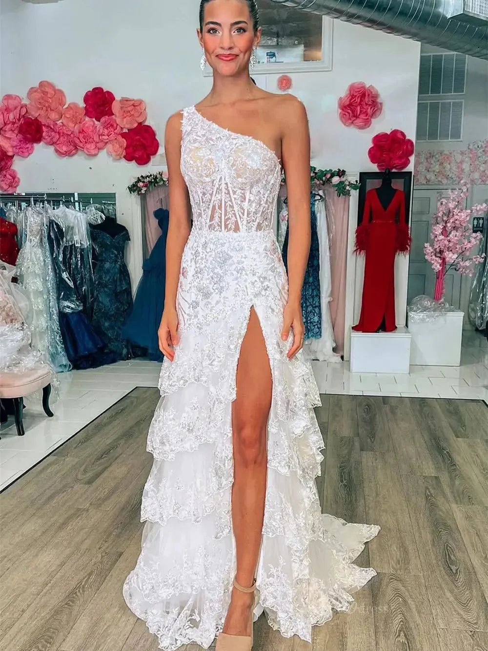 Sparkly Lavender Lace Ruffle Prom Dresses with Slit,One Shoulder Ball Gown FD3637