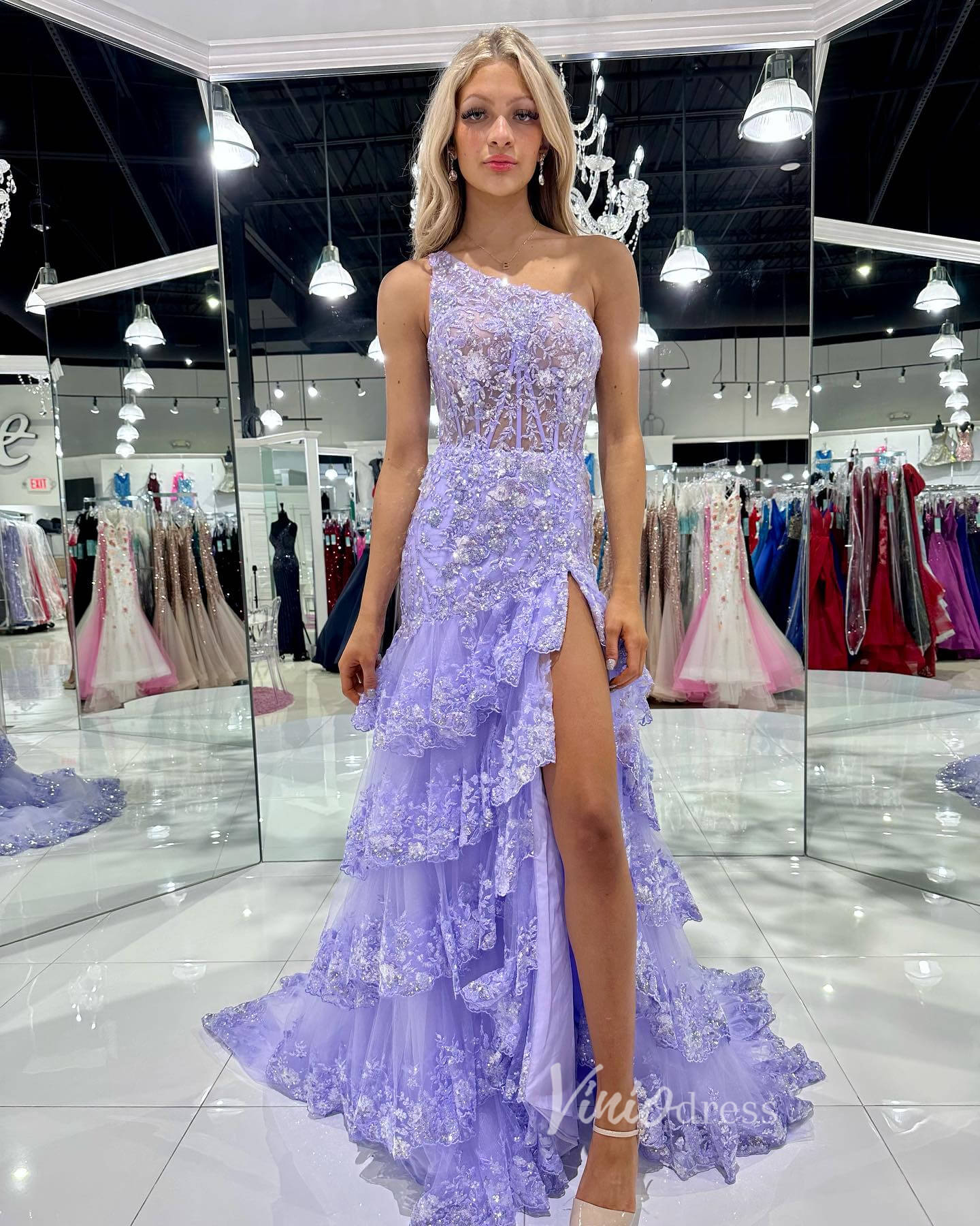 Sparkly Lavender Lace Ruffle Prom Dresses with Slit,One Shoulder Ball Gown FD3637