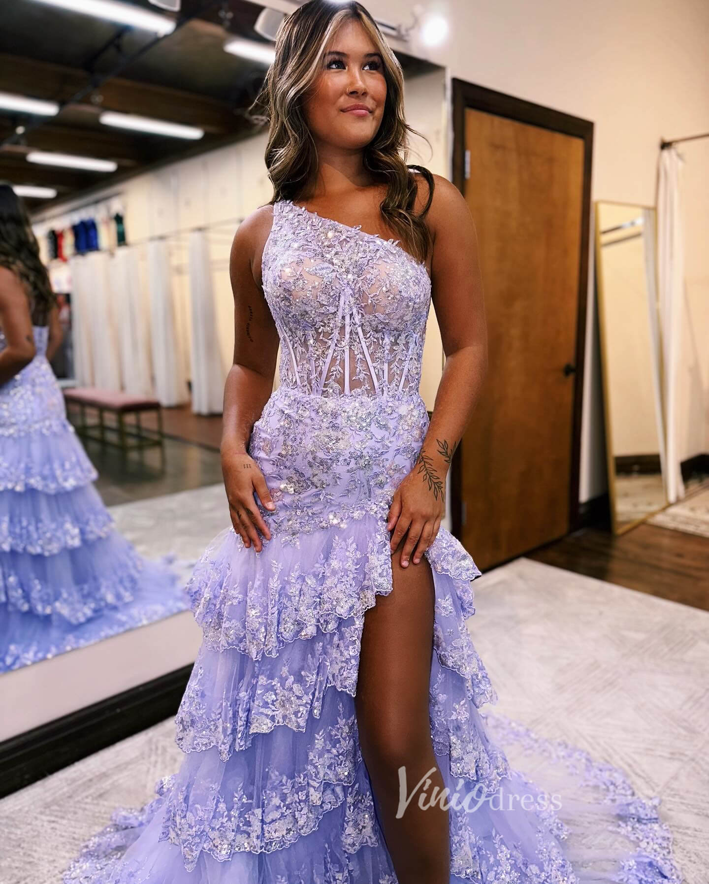 Sparkly Lavender Lace Ruffle Prom Dresses with Slit,One Shoulder Ball Gown FD3637