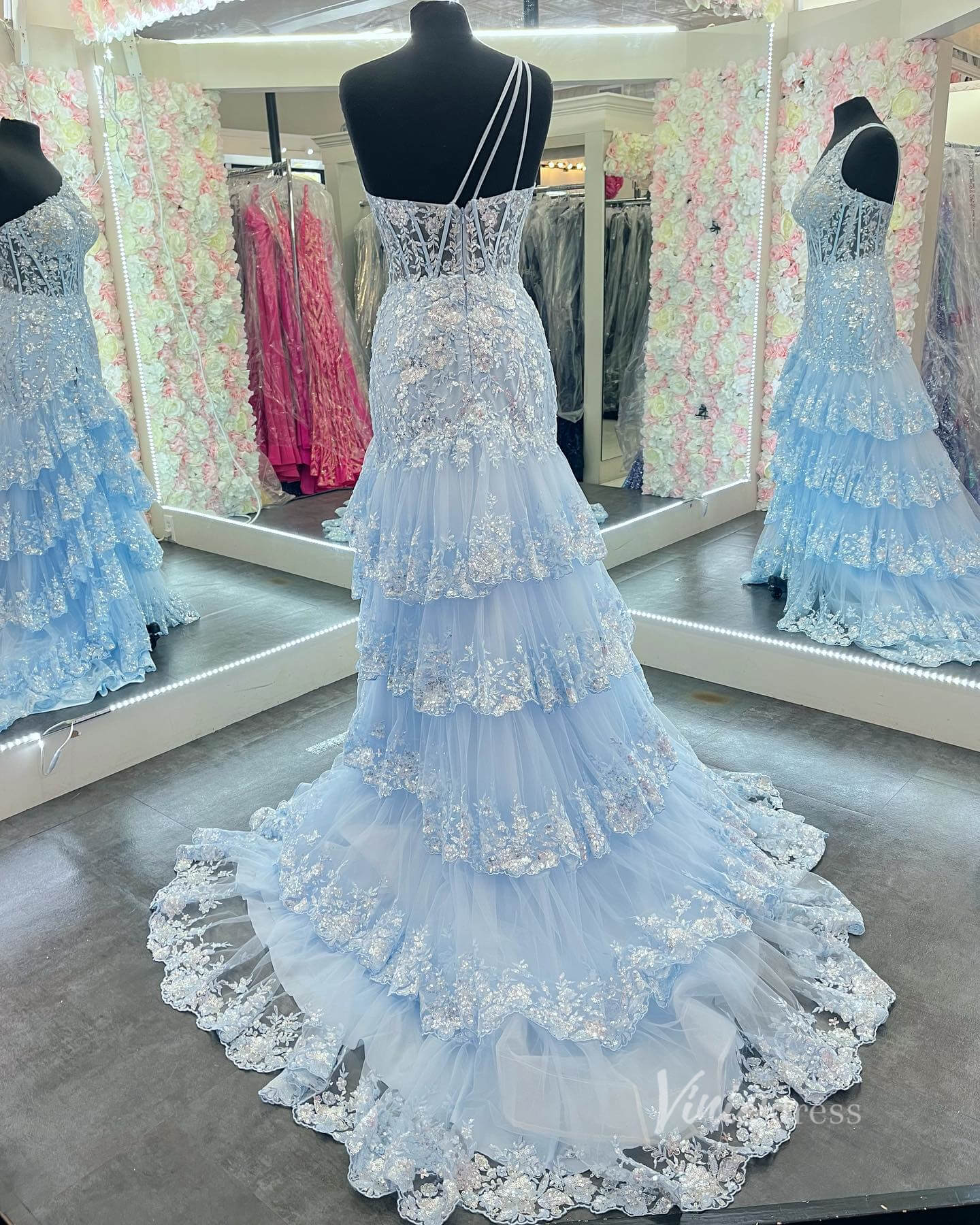 Sparkly Lavender Lace Ruffle Prom Dresses with Slit,One Shoulder Ball Gown FD3637