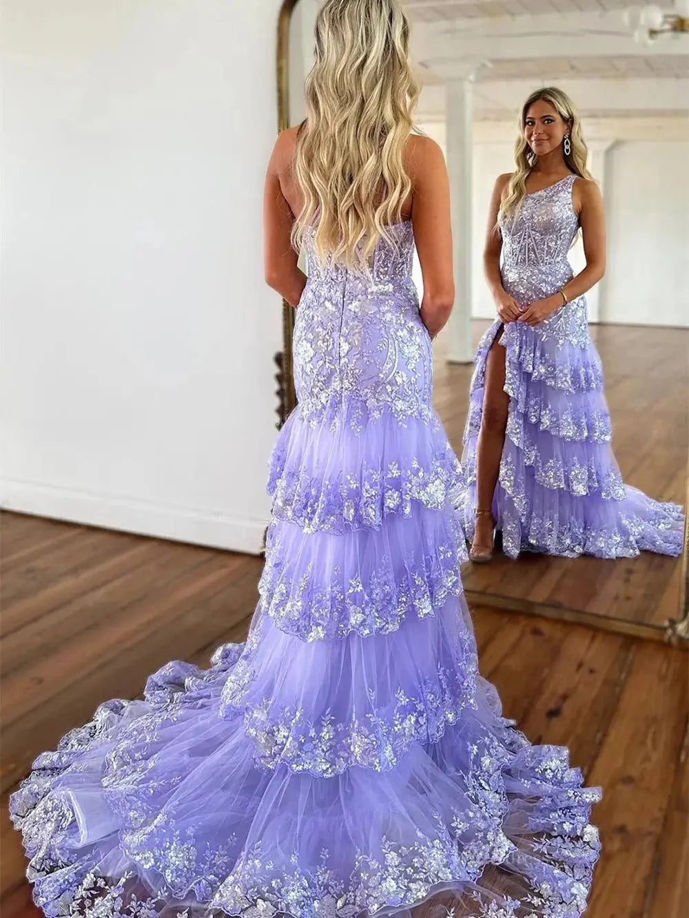 Sparkly Lavender Lace Ruffle Prom Dresses with Slit,One Shoulder Ball Gown FD3637