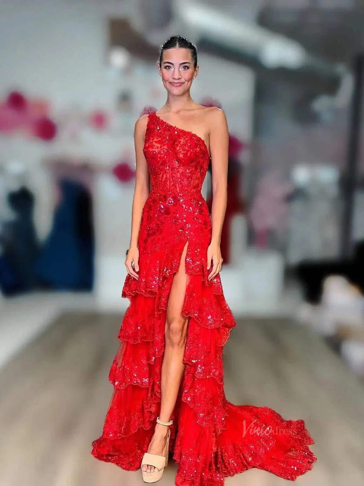 Sparkly Lavender Lace Ruffle Prom Dresses with Slit,One Shoulder Ball Gown FD3637