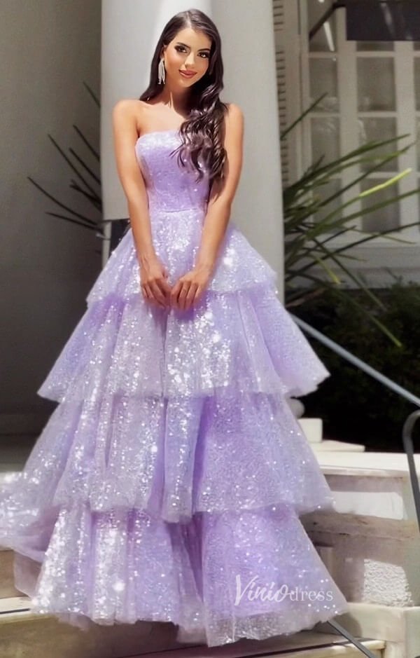 Sparkly Tiered Ruffle Prom Dresses Strapless Sequin Ball Gown FD3574
