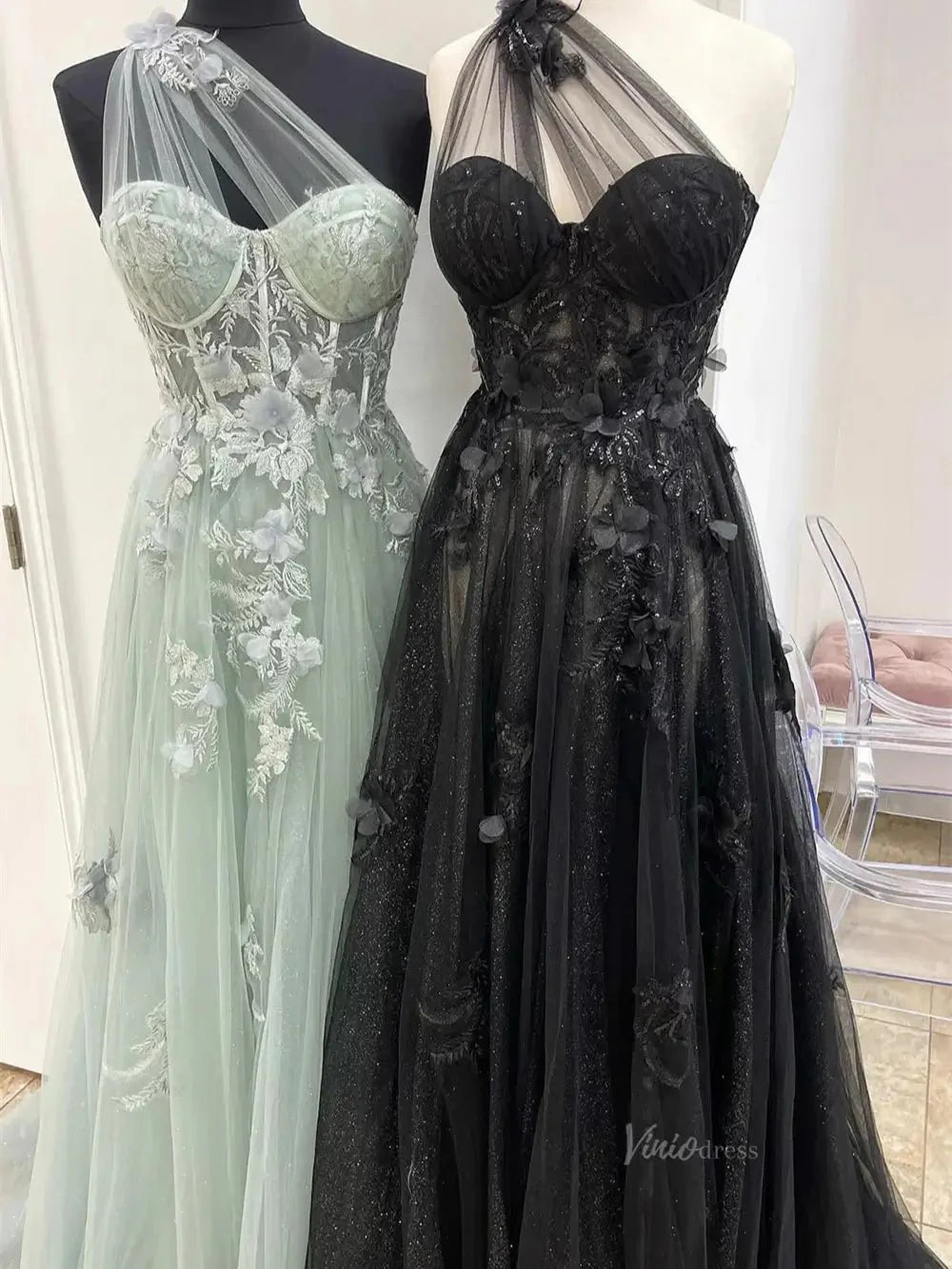 Sparkly Tulle Lace Prom Dresses 2025 One Shoulder Formal Gown with Slit - FD5158