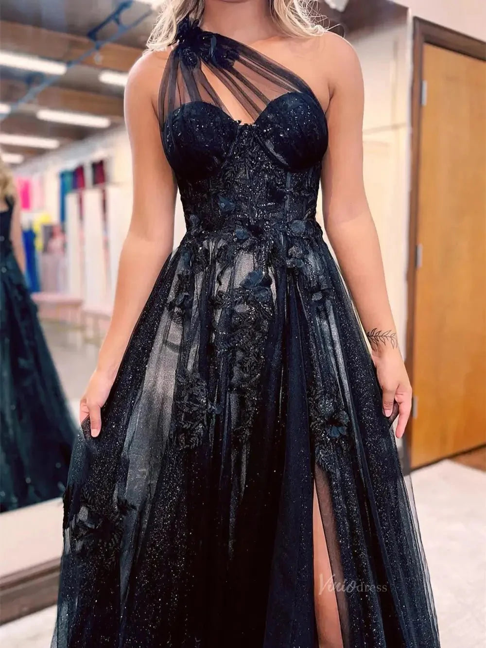 Sparkly Tulle Lace Prom Dresses 2025 One Shoulder Formal Gown with Slit - FD5158