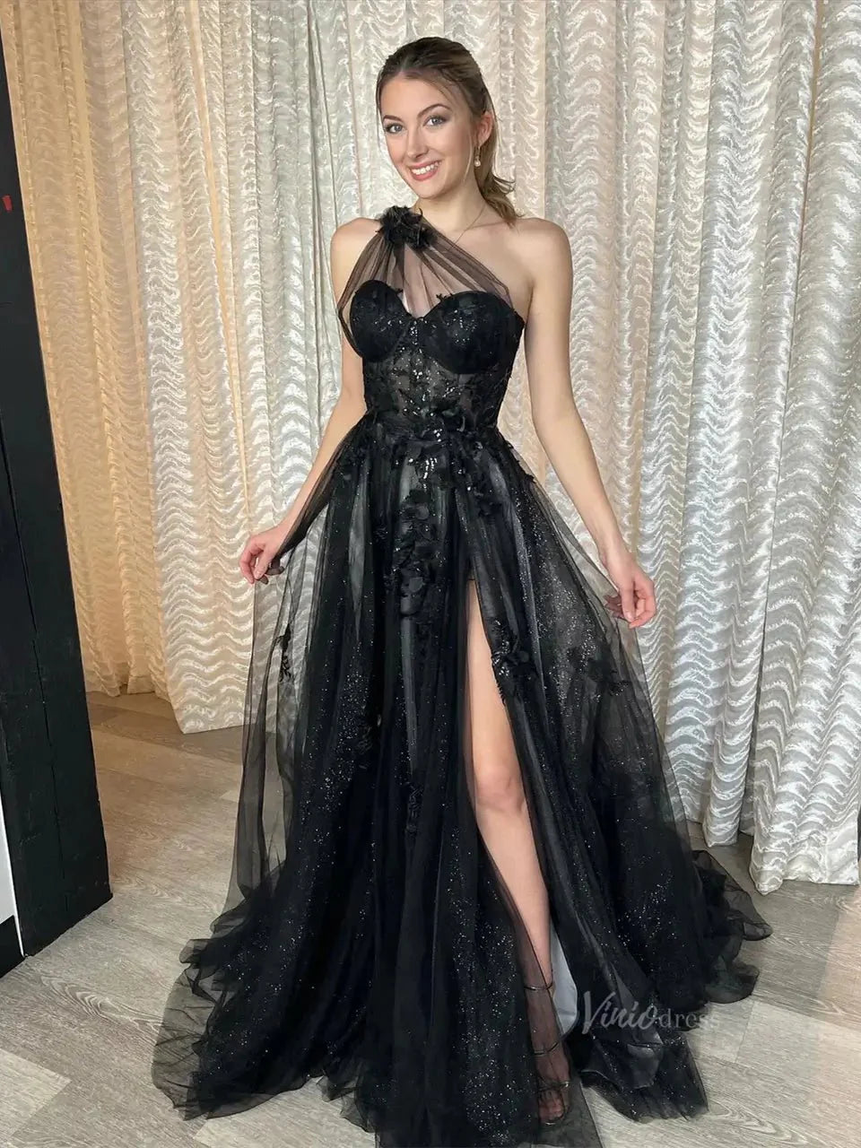 Sparkly Tulle Lace Prom Dresses 2025 One Shoulder Formal Gown with Slit - FD5158