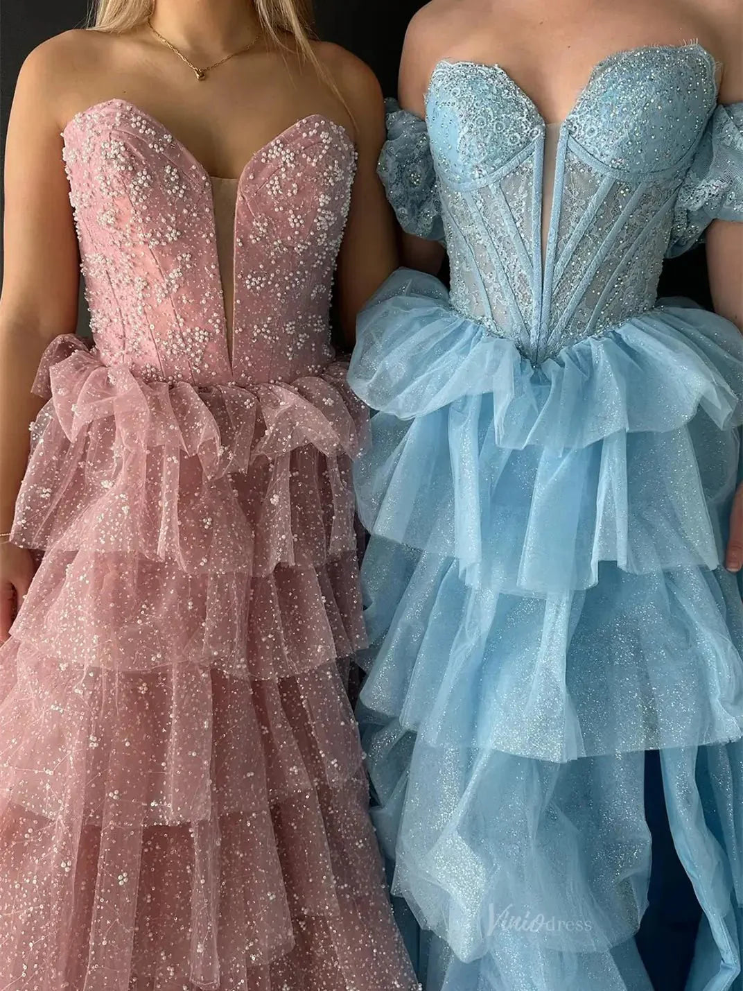 Sparkly Tulle Tiered Prom Dresses with Slit Puffed Sleeve Off the Shoulder Formal Gown - FD3713
