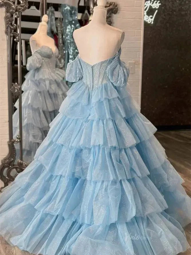 Sparkly Tulle Tiered Prom Dresses with Slit Puffed Sleeve Off the Shoulder Formal Gown - FD3713