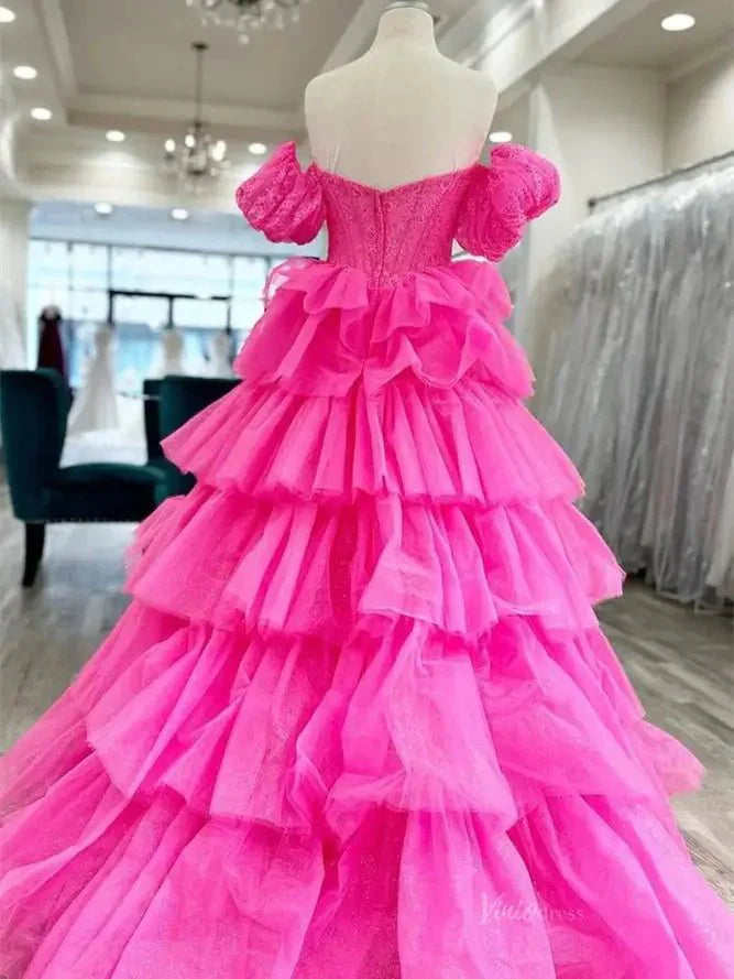 Sparkly Tulle Tiered Prom Dresses with Slit Puffed Sleeve Off the Shoulder Formal Gown - FD3713