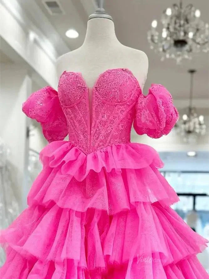 Sparkly Tulle Tiered Prom Dresses with Slit Puffed Sleeve Off the Shoulder Formal Gown - FD3713