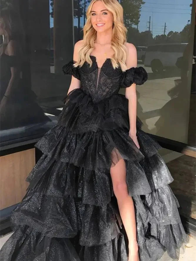 Sparkly Tulle Tiered Prom Dresses with Slit Puffed Sleeve Off the Shoulder Formal Gown - FD3713