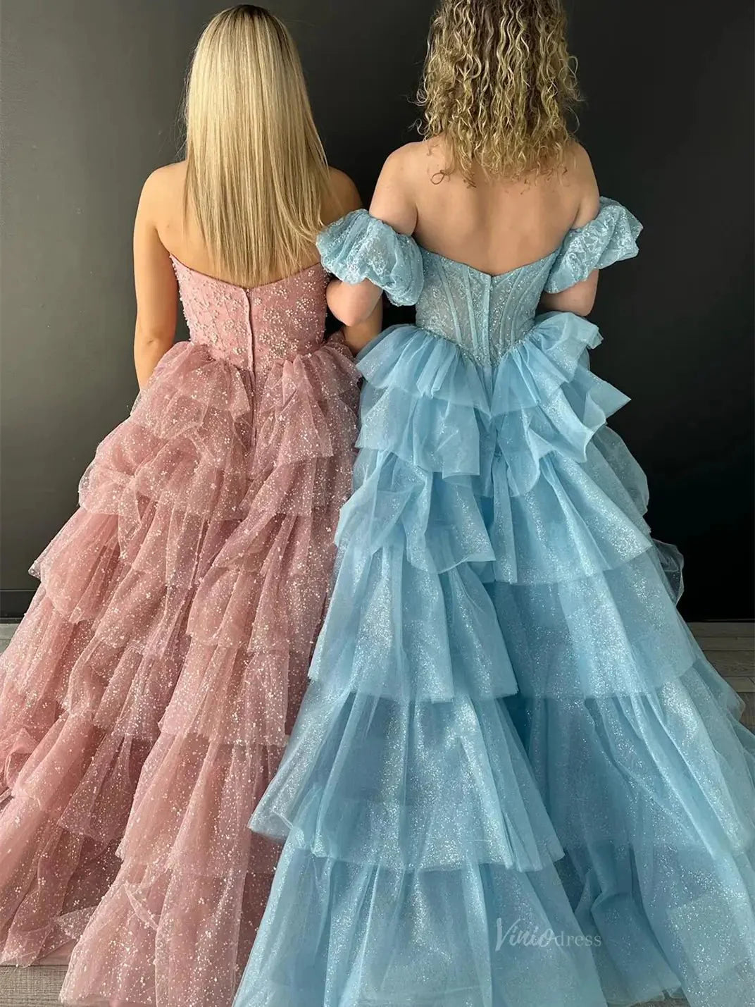 Sparkly Tulle Tiered Prom Dresses with Slit Puffed Sleeve Off the Shoulder Formal Gown - FD3713