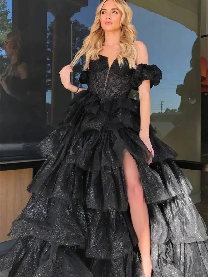 Sparkly Tulle Tiered Prom Dresses with Slit Puffed Sleeve Off the Shoulder Formal Gown - FD3713