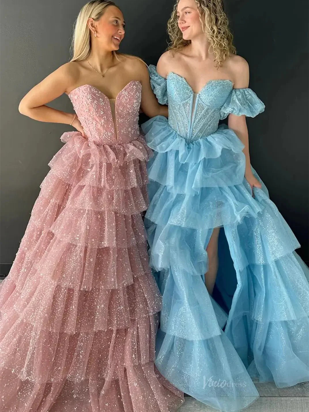 Sparkly Tulle Tiered Prom Dresses with Slit Puffed Sleeve Off the Shoulder Formal Gown - FD3713
