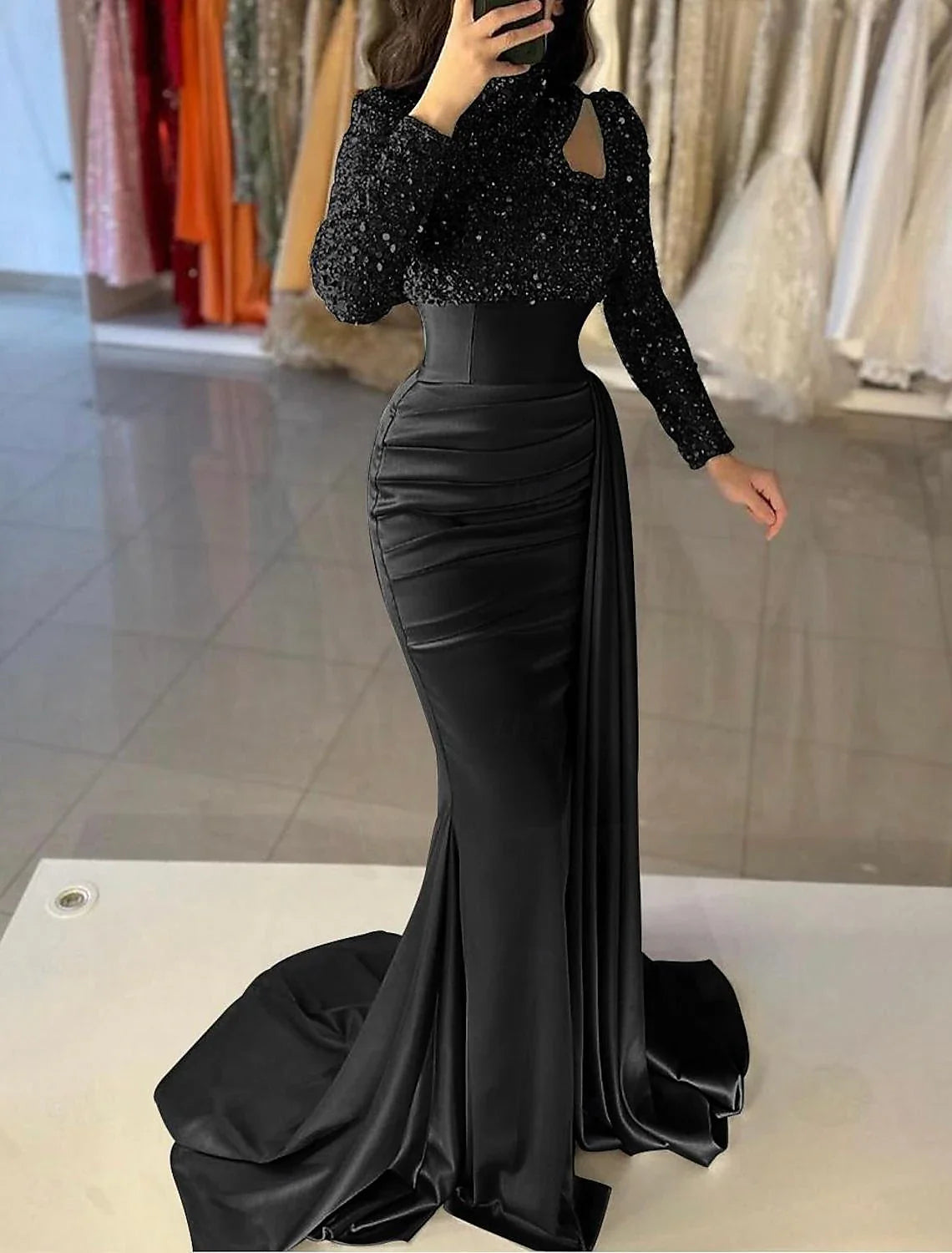 Aimishang Mermaid / Trumpet Evening Gown Elegant Dress Formal Sweep / Brush Train Long Sleeve High Neck Satin with Pearls Sequin