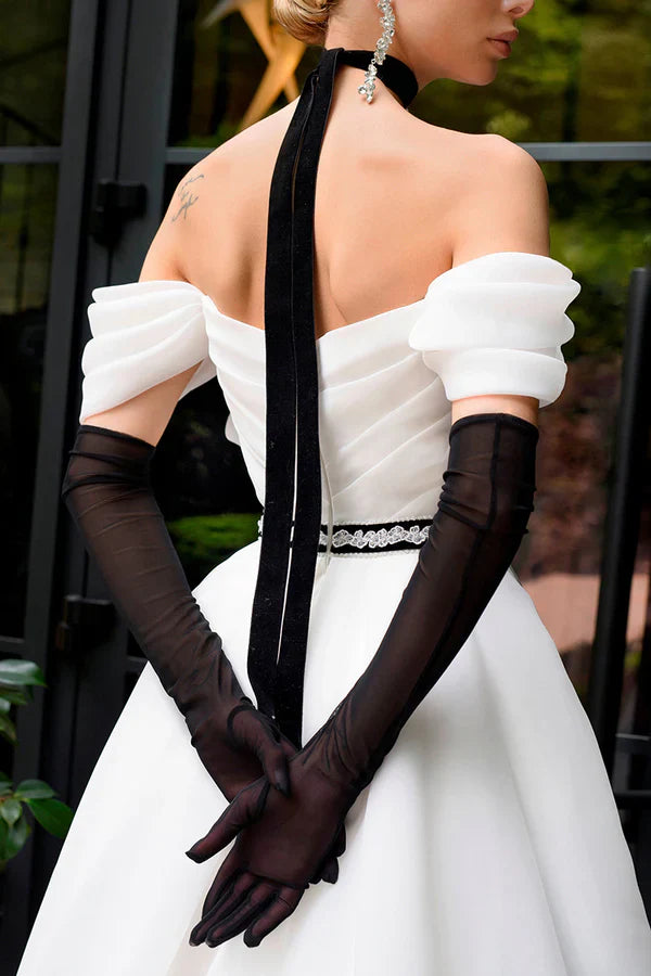 A Line strapless organza ivory rustic wedding dress paired with court train