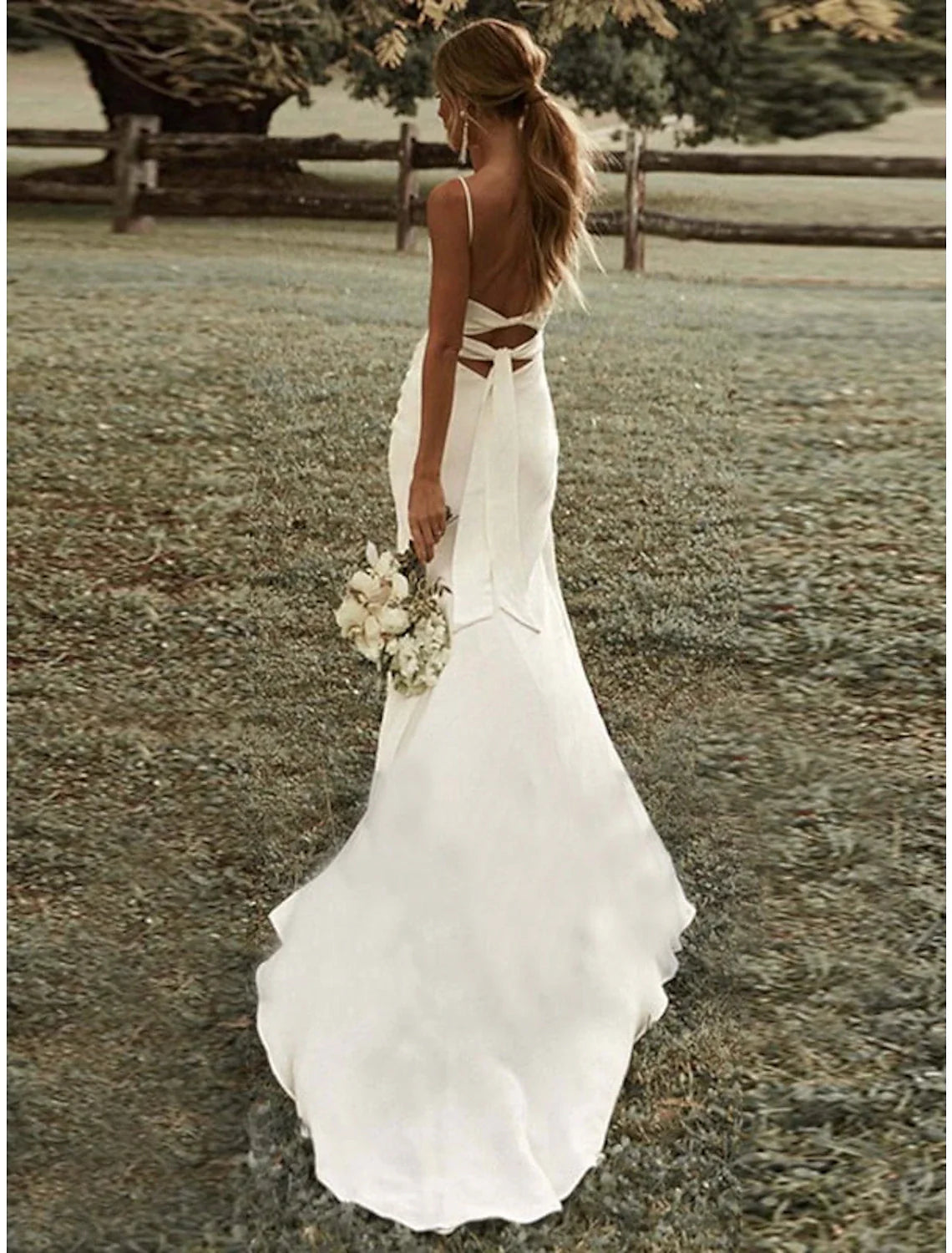 Aimishang Beach Simple Simple Wedding Dresses Sheath / Column Square Camisole Spaghetti Strap Sweep / Brush Train Stretch Fabric Bridal Gowns With Ruched Split Front