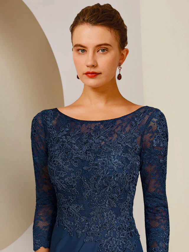 A-Line Mother of the Bride Dress Elegant Scoop Neck Floor Length Chiffon Lace 3/4 Length Sleeve with Appliques Split Front
