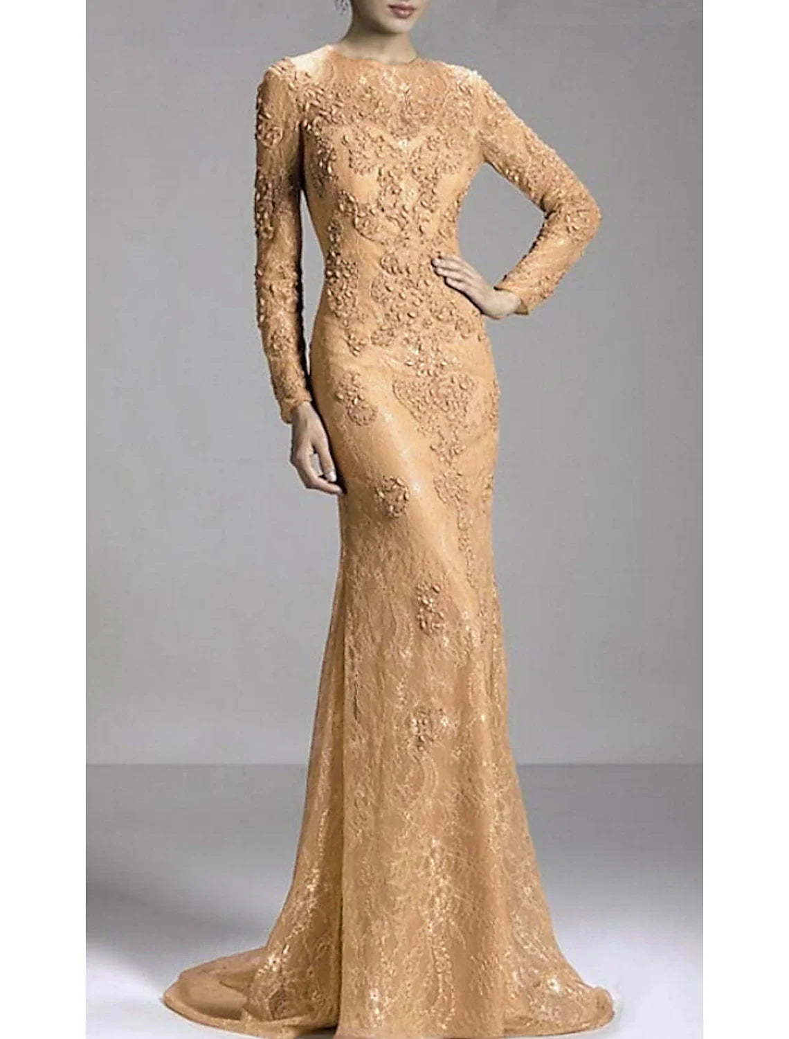 Aimishang Mermaid Party Dress Evening Gown Luxurious Dress Engagement Formal Evening Sweep / Brush Train Long Sleeve Jewel Neck Fall Wedding Guest Lace with Beading Appliques