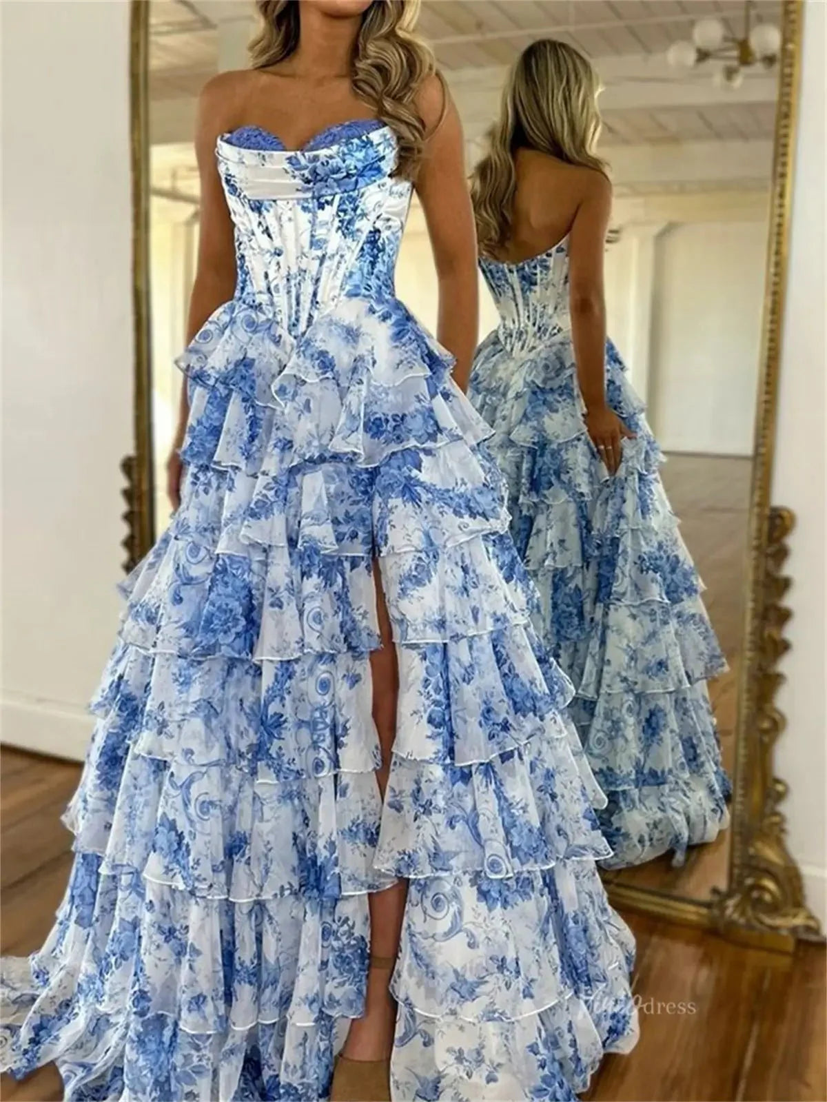 Strapless Floral Chiffon Tiered Prom Dress with Slit & Lace Sweetheart Neckline – Style FD3733