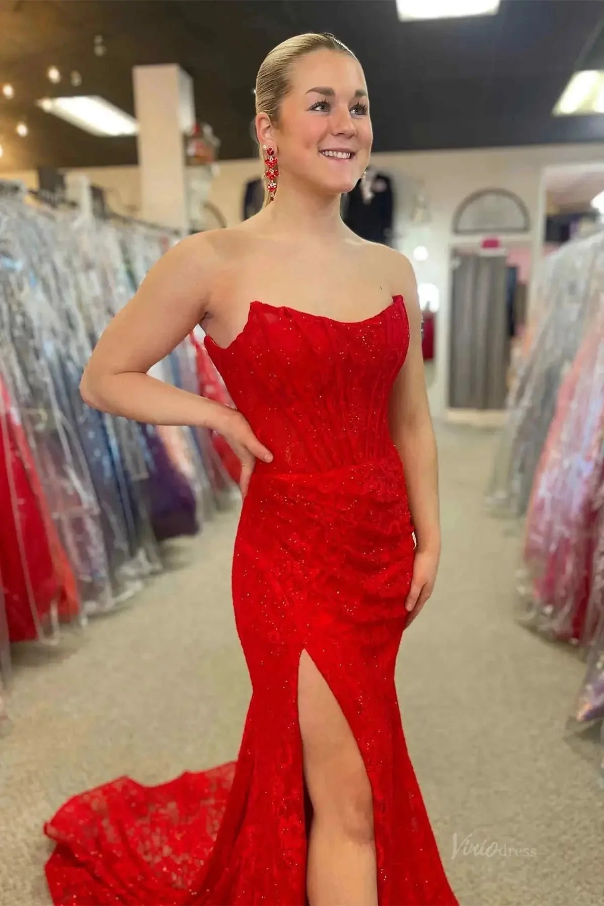 Strapless Lace Mermaid Prom Dress 2025 with Slit & Boned Bodice – FD5019