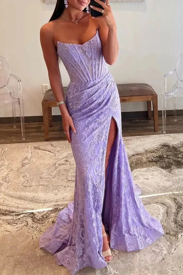 Strapless Lace Mermaid Prom Dress 2025 with Slit & Boned Bodice – FD5019