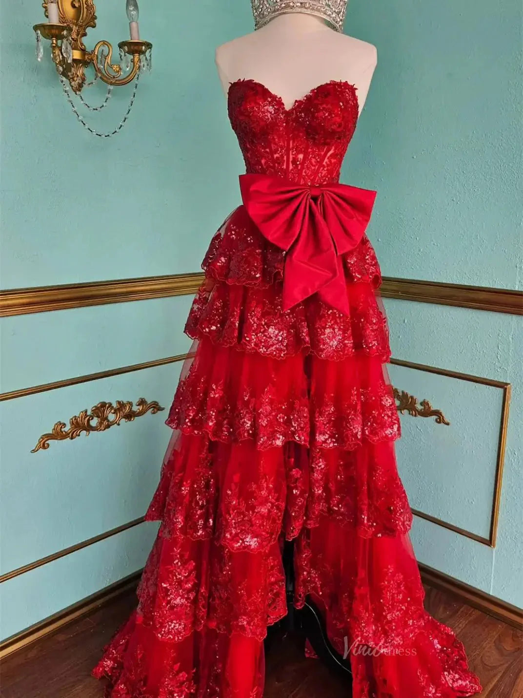 Strapless Lace Tiered Prom Dresses with Slit Sweetheart Neck Bow Tie Formal Dresses - FD3636f