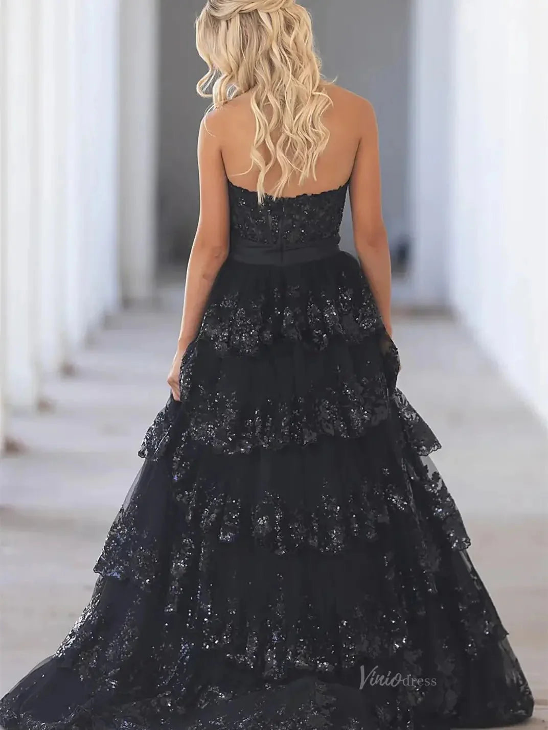 Strapless Lace Tiered Prom Dresses with Slit Sweetheart Neck Bow Tie Formal Dresses - FD3636f