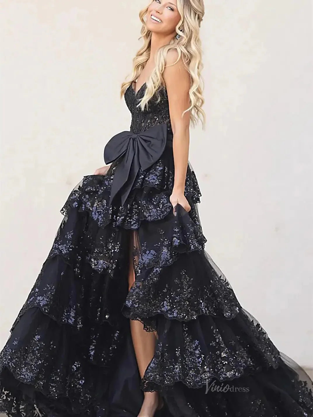 Strapless Lace Tiered Prom Dresses with Slit Sweetheart Neck Bow Tie Formal Dresses - FD3636f