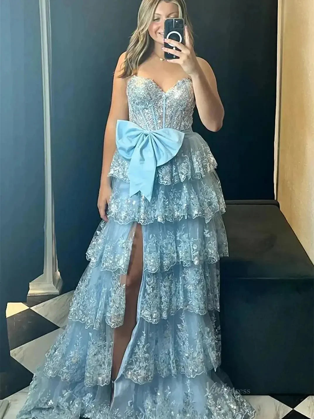 Strapless Lace Tiered Prom Dresses with Slit Sweetheart Neck Bow Tie Formal Dresses - FD3636f