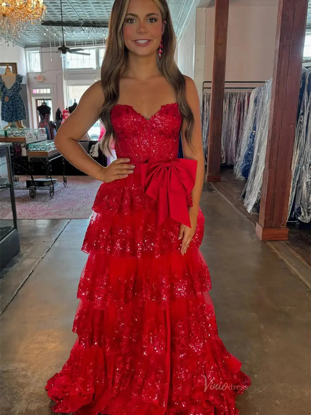 Strapless Lace Tiered Prom Dresses with Slit Sweetheart Neck Bow Tie Formal Dresses - FD3636f
