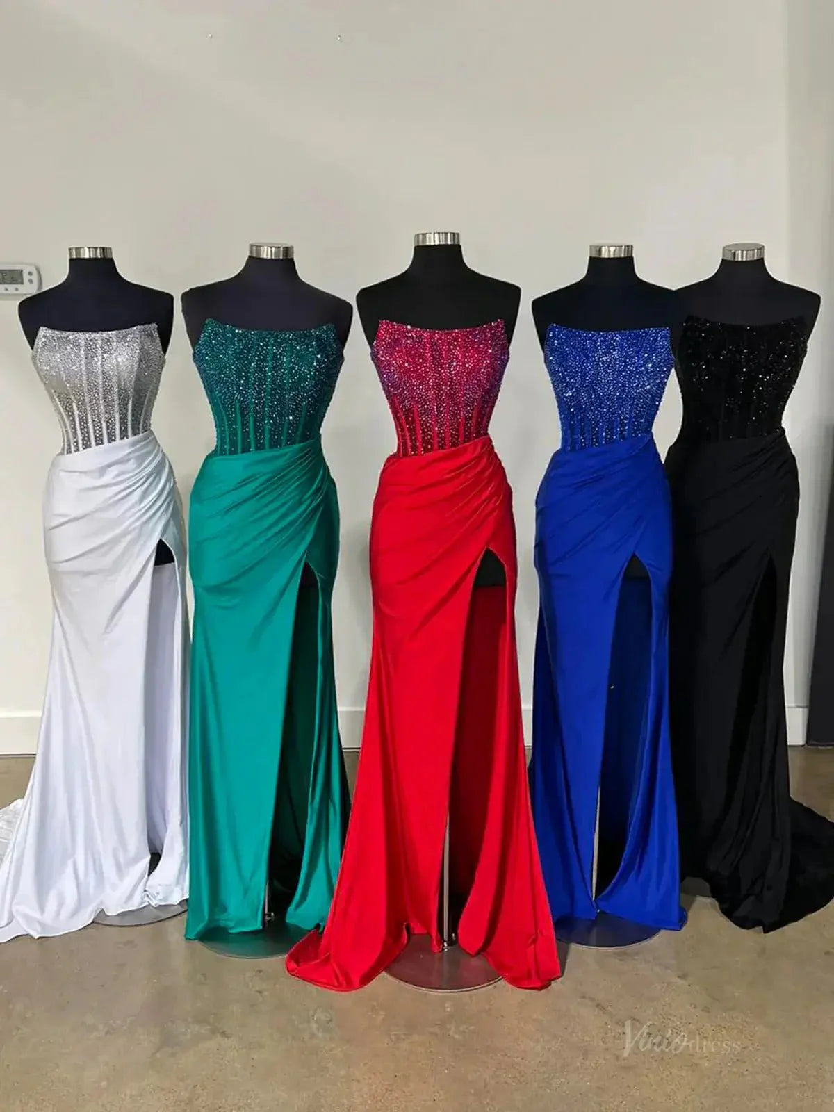 Strapless Satin Mermaid Prom Dress 2025 with Slit & Beaded Boned Bodice  – FD5031