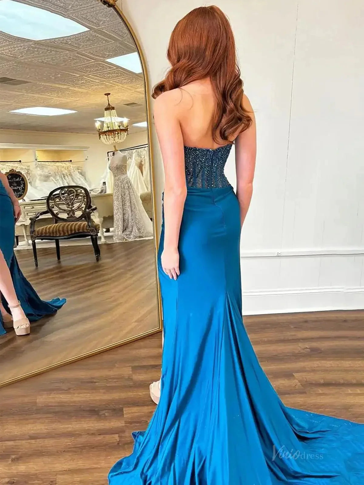 Strapless Satin Mermaid Prom Dress 2025 with Slit & Beaded Boned Bodice  – FD5031
