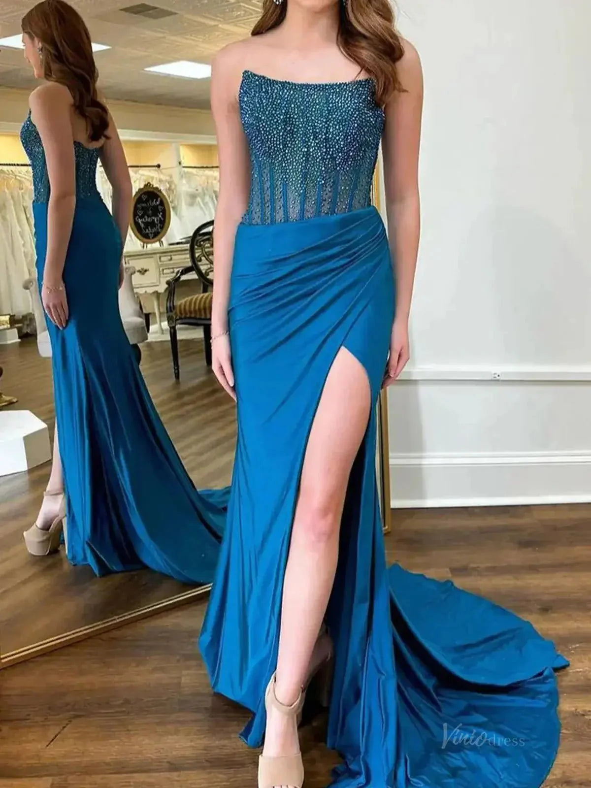 Strapless Satin Mermaid Prom Dress 2025 with Slit & Beaded Boned Bodice  – FD5031