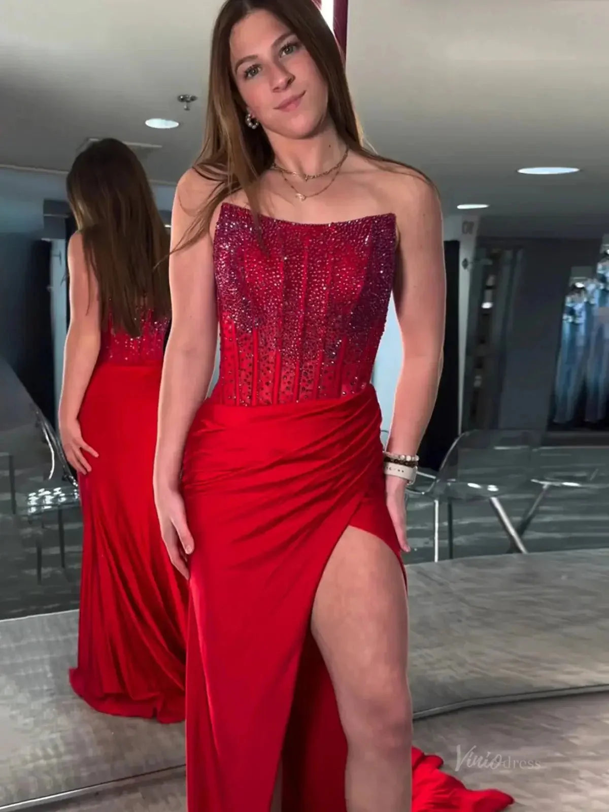 Strapless Satin Mermaid Prom Dress 2025 with Slit & Beaded Boned Bodice  – FD5031