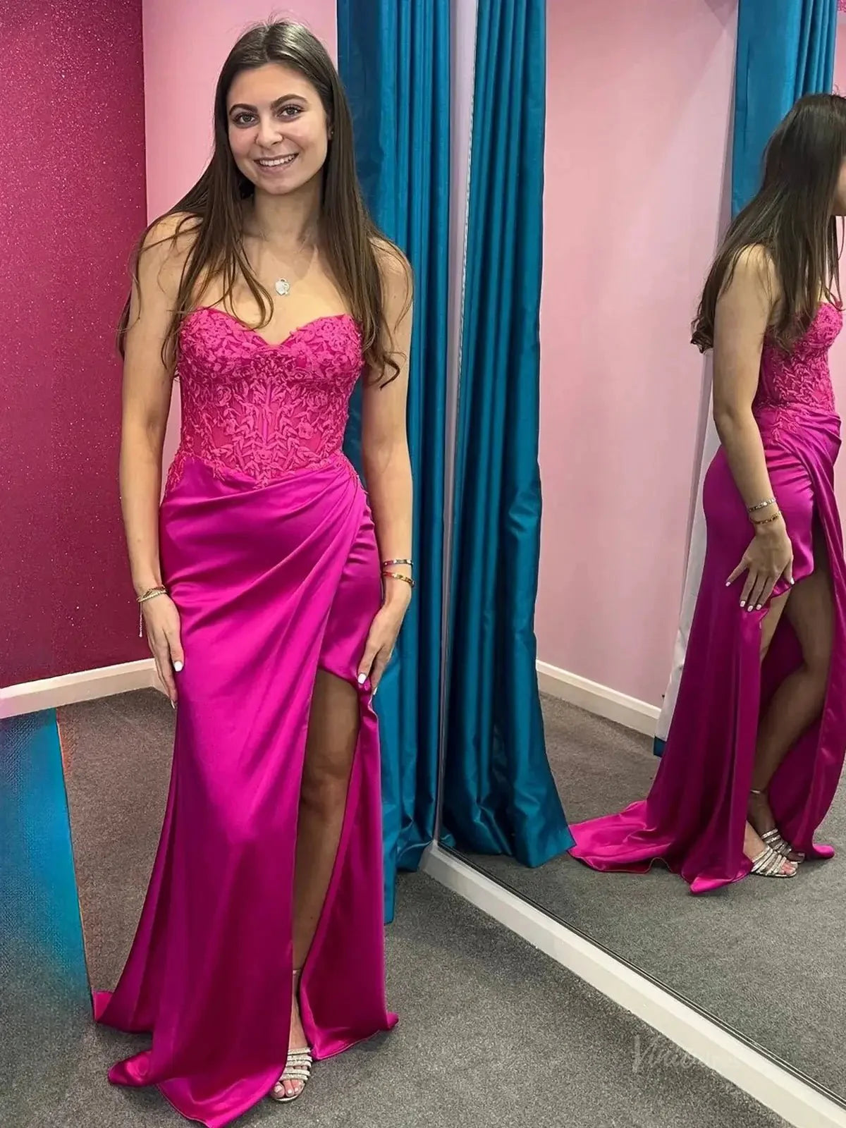 Strapless Satin Mermaid Prom Dresses 2025 with Slit, Sweetheart Neck & Lace Bodice – FD5065