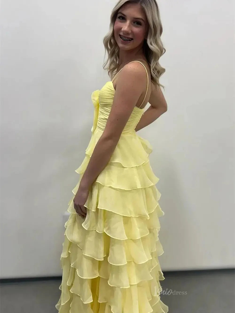 Strapless Tiered Chiffon Prom Dresses with Slit & Sweetheart Neck Pleated Bodice - FD3754