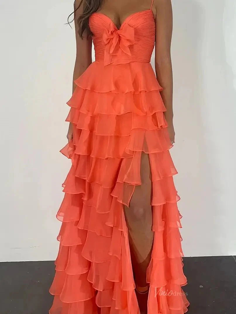 Strapless Tiered Chiffon Prom Dresses with Slit & Sweetheart Neck Pleated Bodice - FD3754