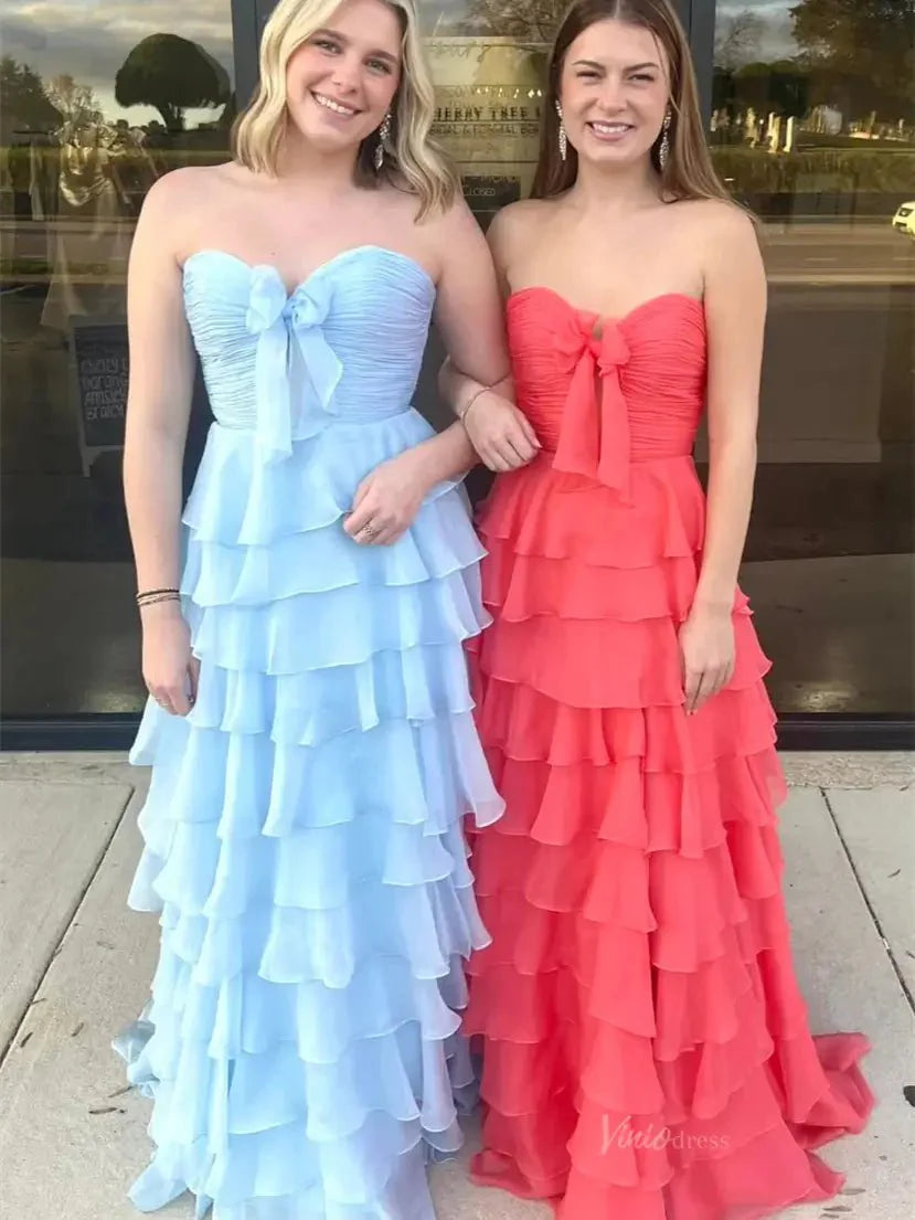 Strapless Tiered Chiffon Prom Dresses with Slit & Sweetheart Neck Pleated Bodice - FD3754