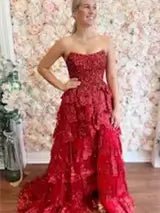 Strapless Tiered Prom Dresses with Slit Lace Applique Formal Dresses - FD3636s