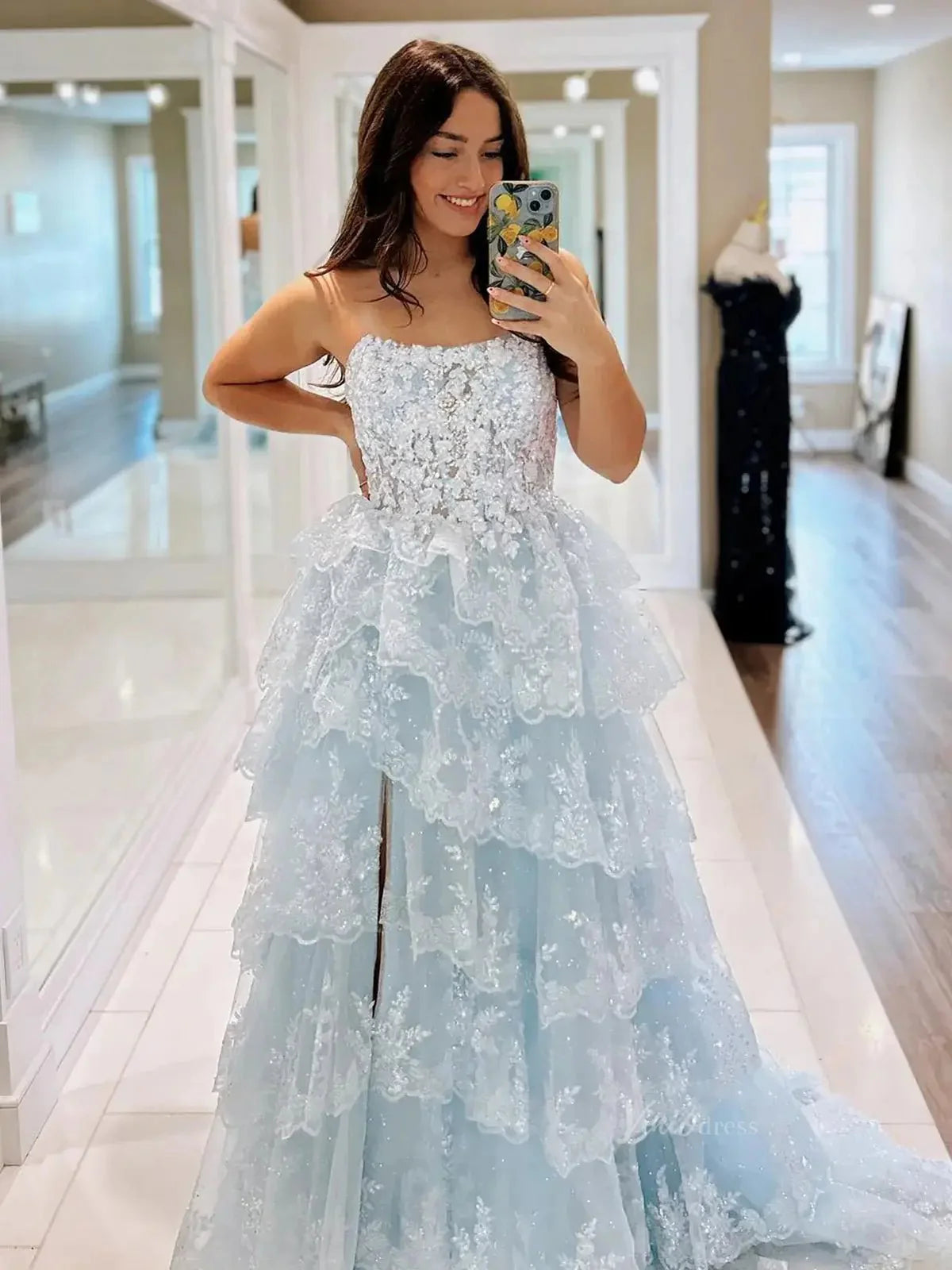 Strapless Tiered Prom Dresses with Slit Lace Applique Formal Dresses - FD3636s