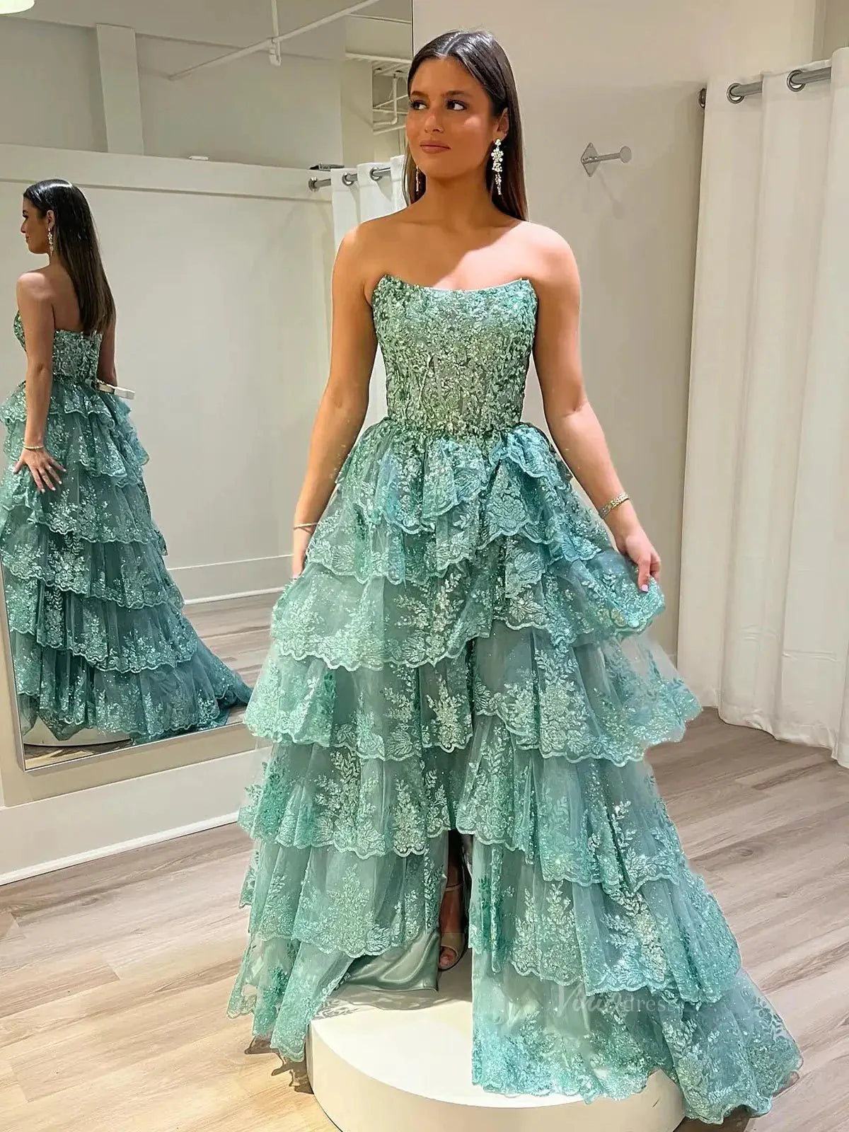 Strapless Tiered Prom Dresses with Slit Lace Applique Formal Dresses - FD3636s