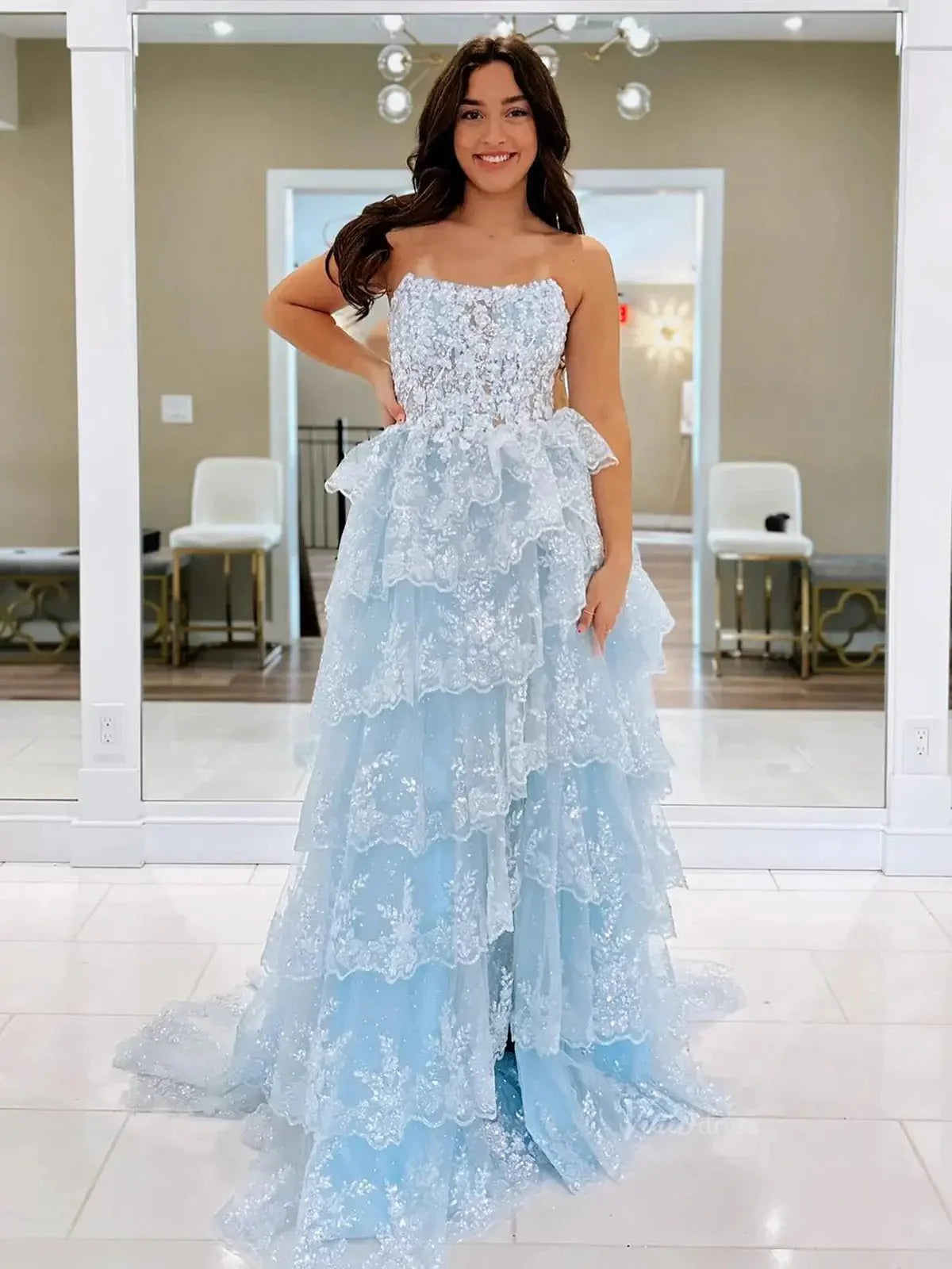 Strapless Tiered Prom Dresses with Slit Lace Applique Formal Dresses - FD3636s