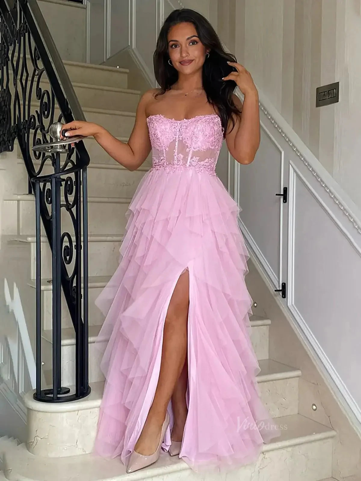 Strapless Tiered Prom Dresses with Slit Sheer Lace Bodice Formal Dresses - FD3715
