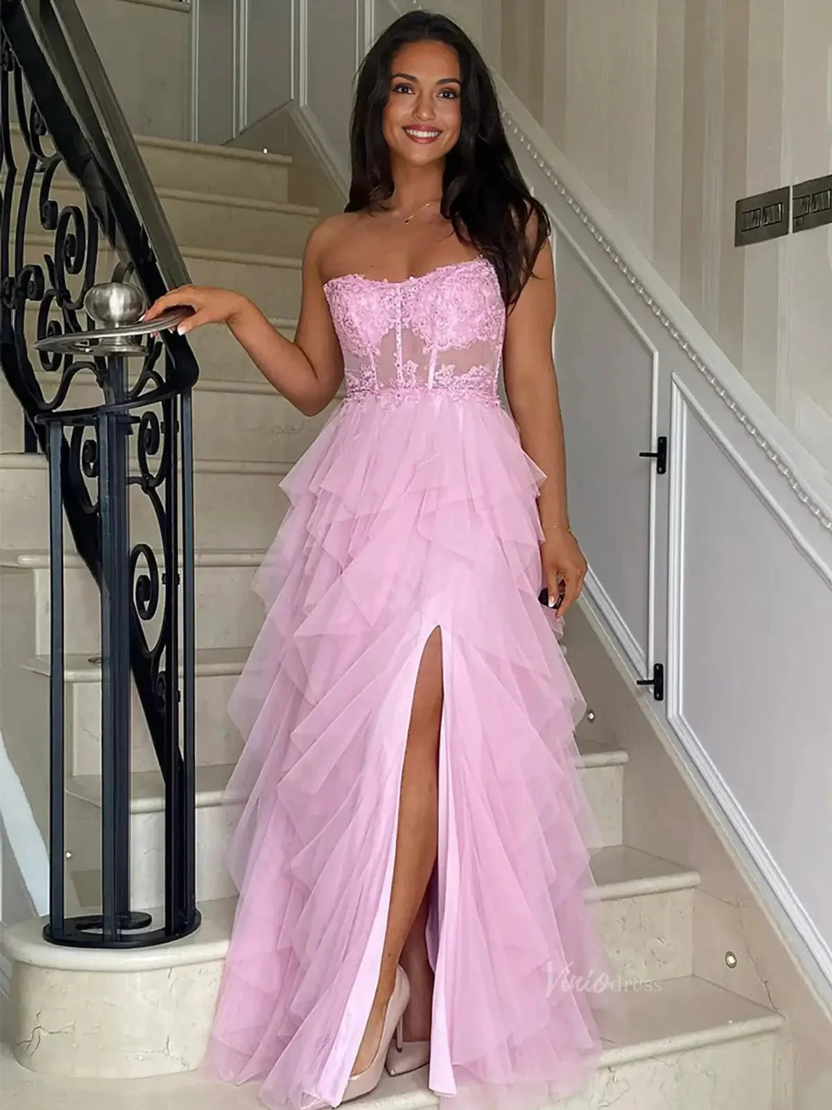 Strapless Tiered Prom Dresses with Slit Sheer Lace Bodice Formal Dresses - FD3715