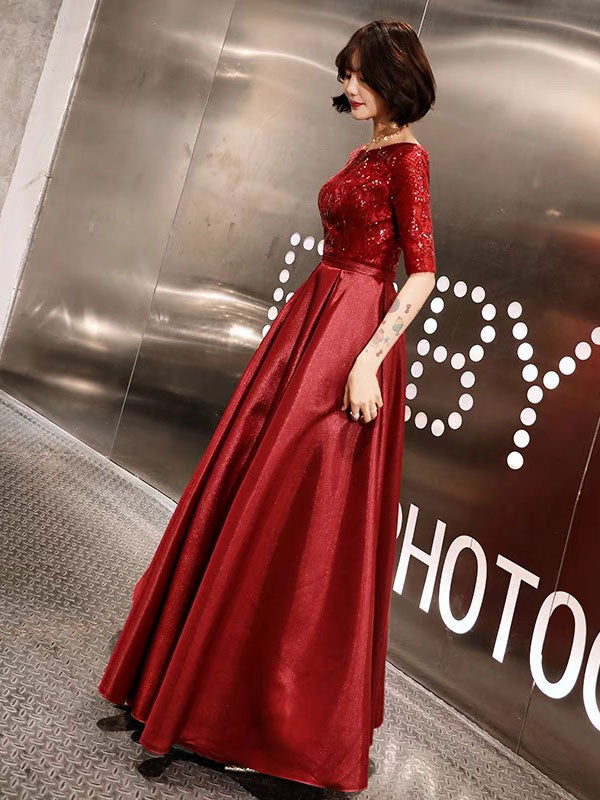 Stunning Evening Dresses Burgundy Half Sleeve Sequin Satin Floor Length Long Prom Gown