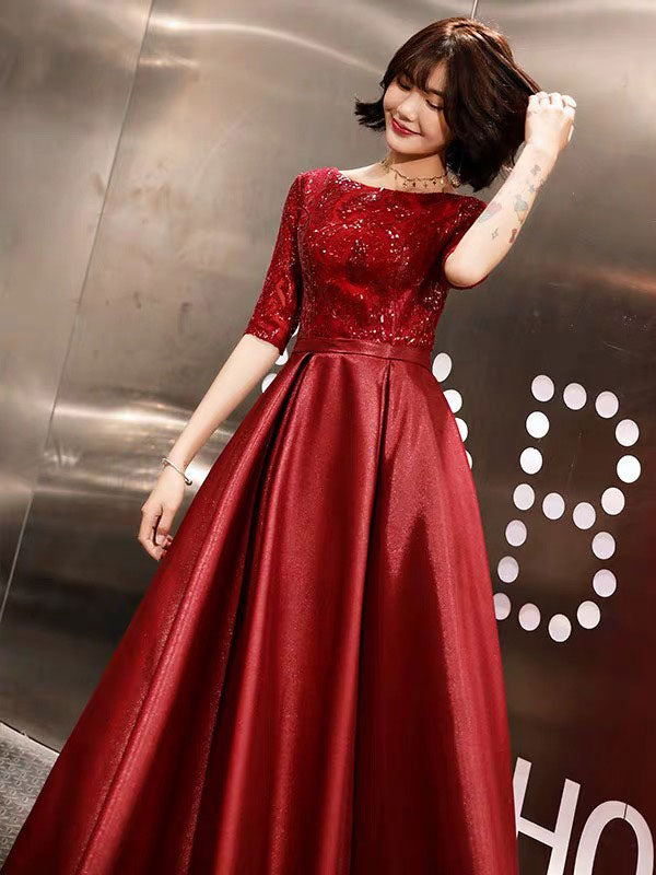 Stunning Evening Dresses Burgundy Half Sleeve Sequin Satin Floor Length Long Prom Gown