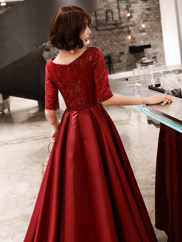 Stunning Evening Dresses Burgundy Half Sleeve Sequin Satin Floor Length Long Prom Gown